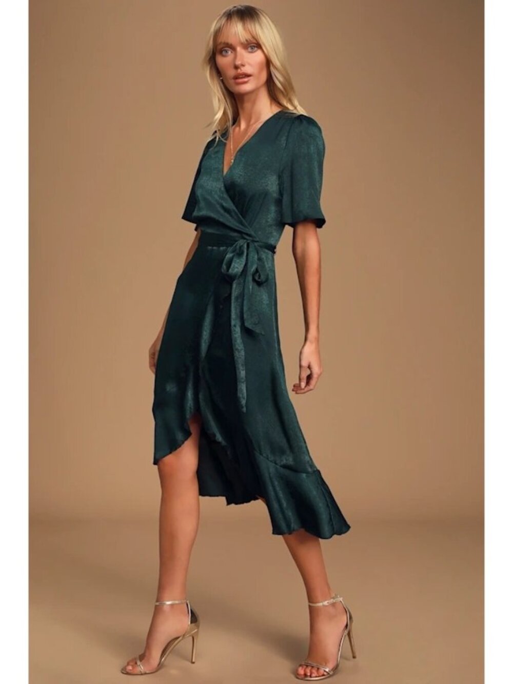 Lulus Midi Dress Size Medium Wrapped Up In Love Dark Green Satin Faux Wrap